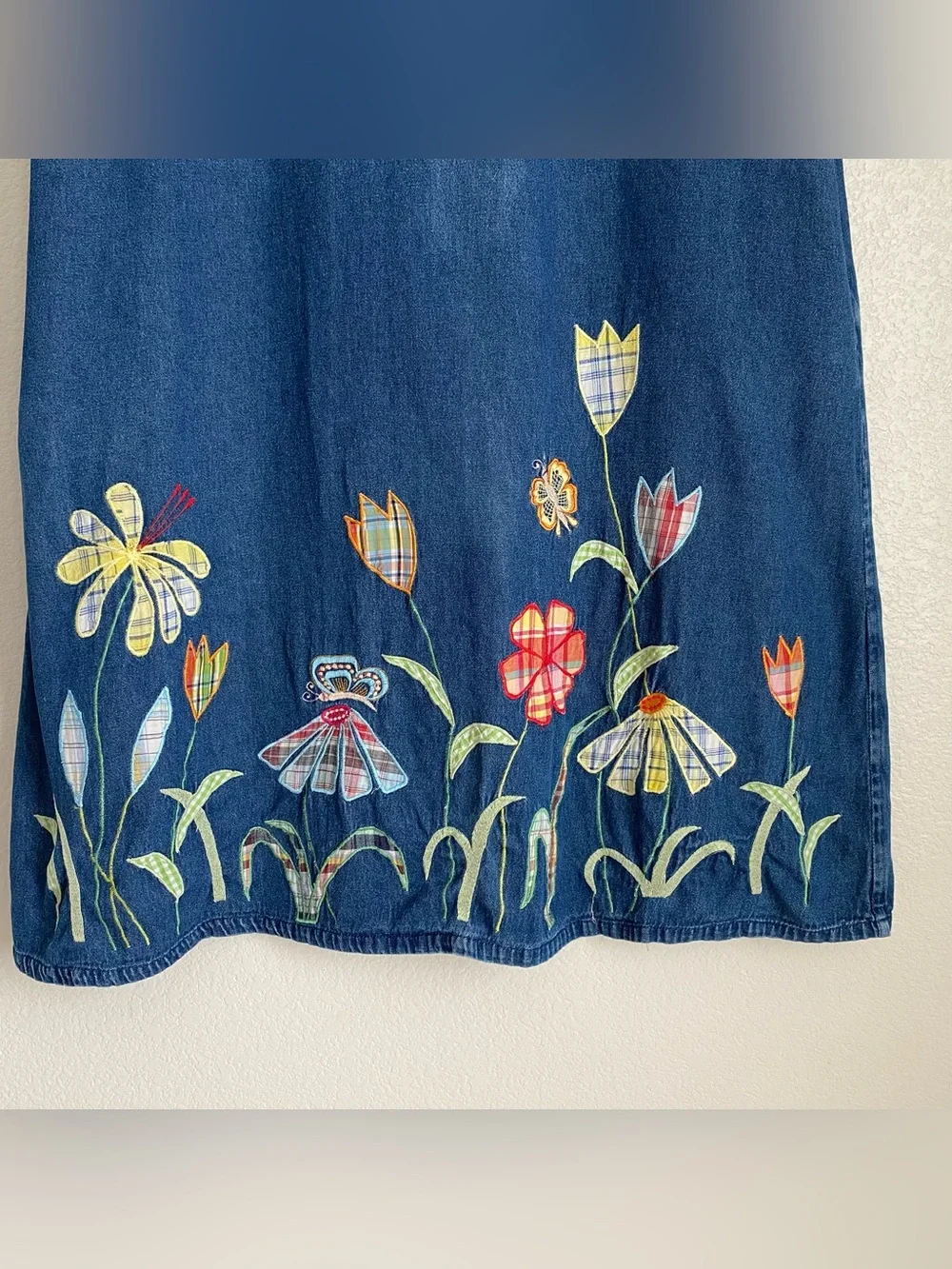 Vintage embroidered plaid patchwork garden butterfly denim dress with pockets, L - Picture 6 of 7